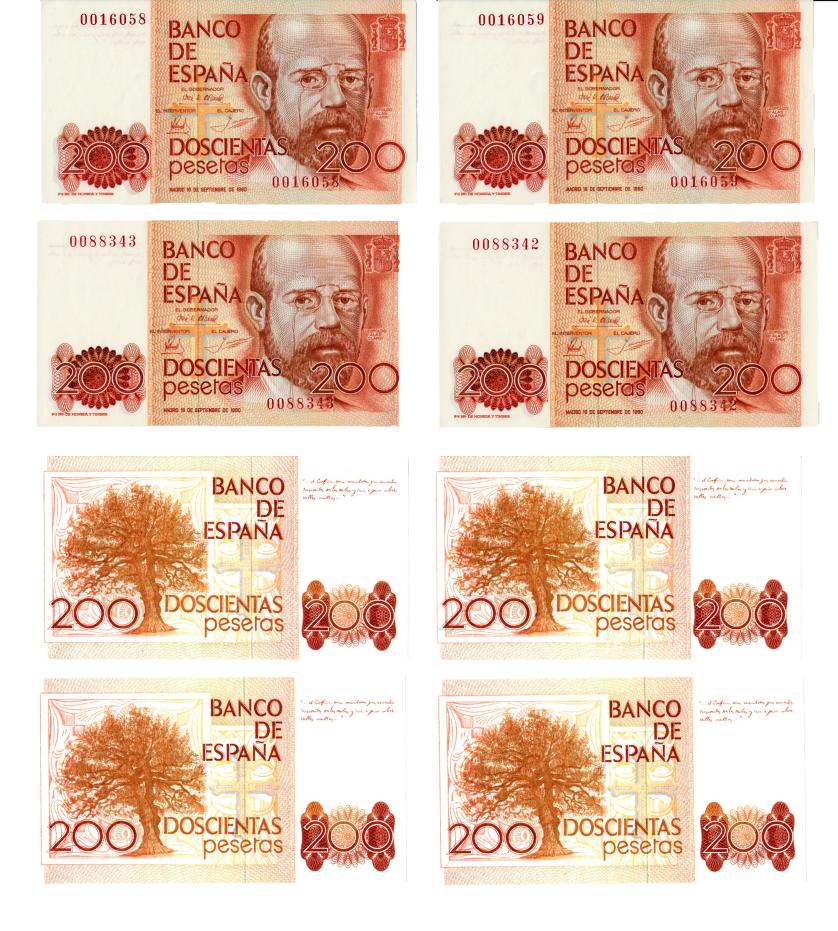 1011   -  BILLETES ESPAÑOLES. Lote de 4 billetes de 200 pesetas. 9-1980. Dos parejas correlativas sin serie. Ligera arruga en un billete. SC.