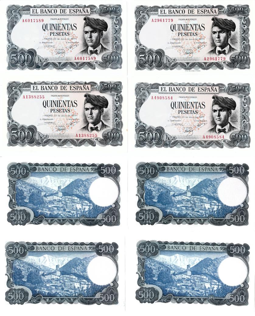 1012   -  BILLETES ESPAÑOLES. Lote de 4 billetes de 500 pesetas 7-1971. Serie A. Esquina inferior derecha dañada. SC.