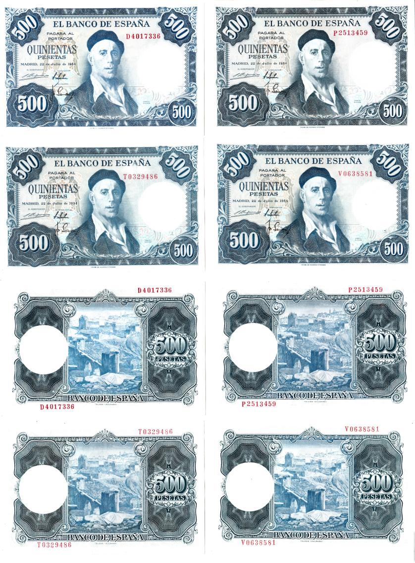 1013   -  BILLETES ESPAÑOLES. Lote de 4 billetes de 500 pesetas. 7-1954. Series D, p, T y V. Uno con esquinas dañadas. SC.