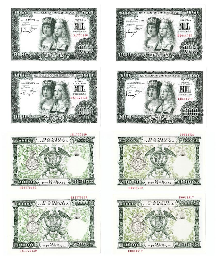 1014   -  BILLETES ESPAÑOLES. Lote 4 billetes 1000 pesetas 11-1957: serie U (2) y serie IS (2). Total 4. Arruga en la esquina inferior derecha. SC.