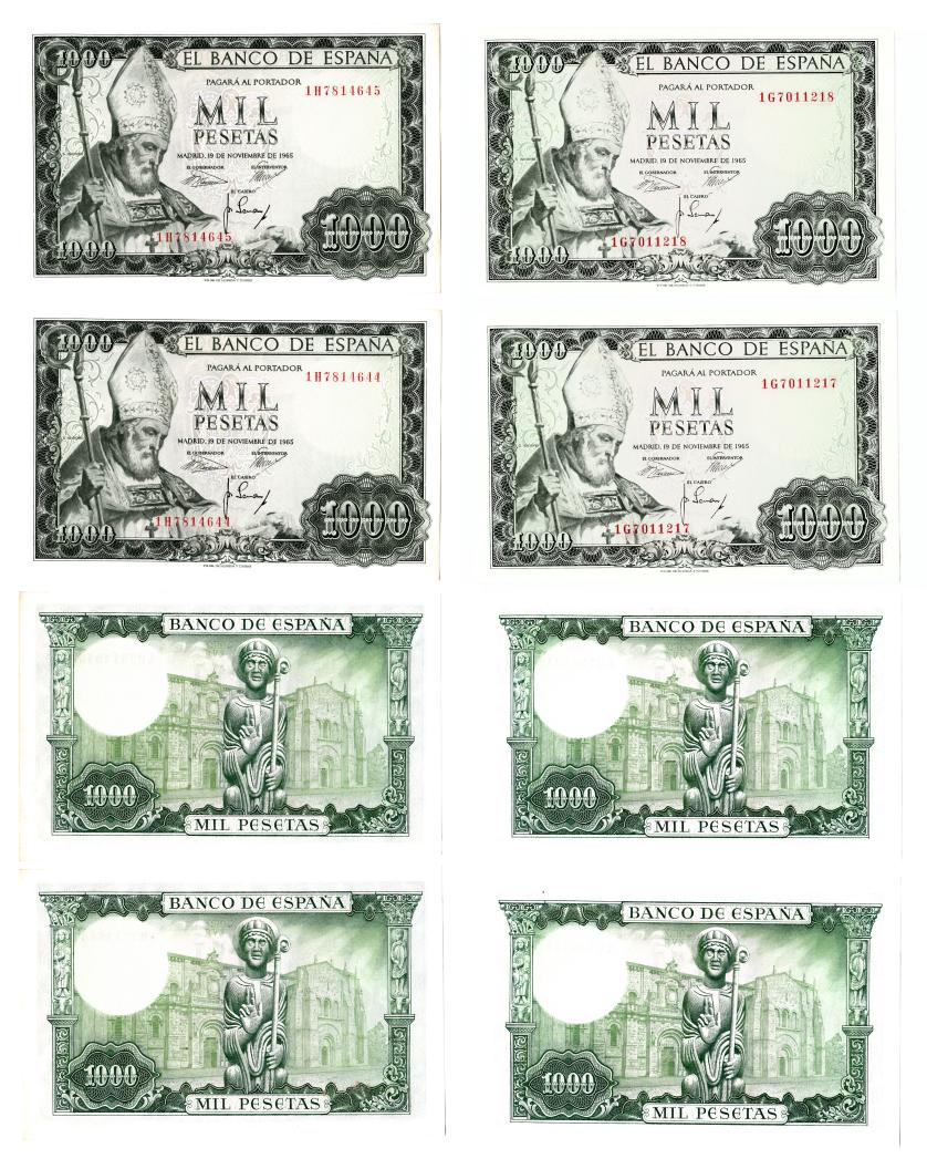 1015   -  BILLETES ESPAÑOLES. Lote 4 billetes 1000 pesetas 11-1965. Parejas correlativas series IH y IG. Total 4. Arruga y pequeña mancha en la esquina inferior derecha. SC.