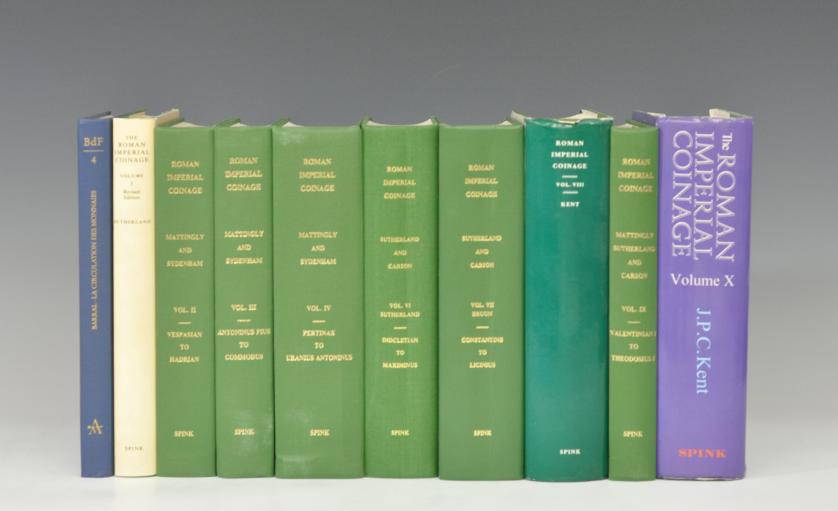 1025   -  LIBROS. VV. AA. Roman Imperial Coinage, vols. I (1984), II (1926), III (1930), IV (1936), VI (1967), VII (1966) y IX (1988), X (1994). Todos tapa dura, vol. X con sobreguarda.
