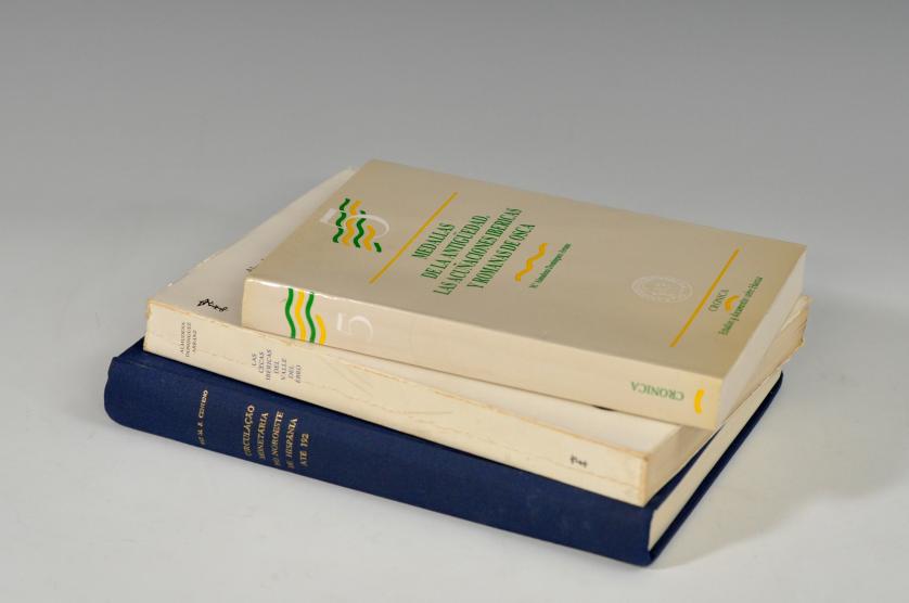 1030   -  LIBROS. Lote de 3 libros: M. A. Domínguez Arranz, Medallas de la Antigüedad. Las acuñaciones ibéricas y romanas de Osca, Huesca, 1991, tapa blanda; M. A. Domínguez Arranz, 1979, Las cecas ibéricas del valle del Ebro, Zaragoza, 1979, tapa blanda, encuadernación con los bordes desgastados; R.M. S. Centeno, 1987, Circulaçao monetária no noroeste de Hispânia até 192, Porto, tapa dura.