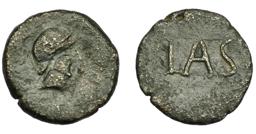 120   -  HISPANIA ANTIGUA. LASTIGI. Cuadrante. A/ Cabeza con casco a der., alrededor láurea. R/ LAS dentro de láurea no visible. AE 4,05 g. 19,9 mm. I-1680. ACIP-2374. BC+/MBC-. Escasa.