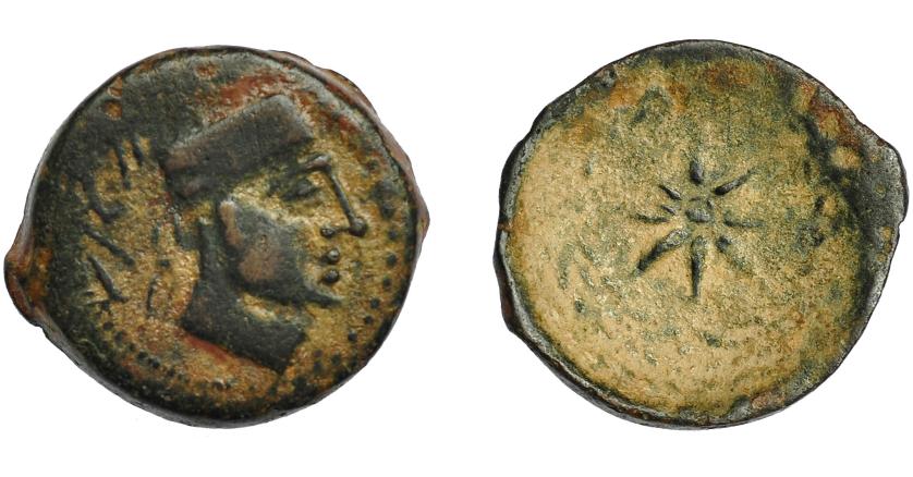 125   -  HISPANIA ANTIGUA. MALAKA. As. A/ Cabeza masculina con gorro cilíndrico, detrás tenazas y ley. R/ Estrella de ocho puntas, alrededor láurea. AE 6,54 g. 23,5 mm. I-1733. ACIP-802. MBC-.