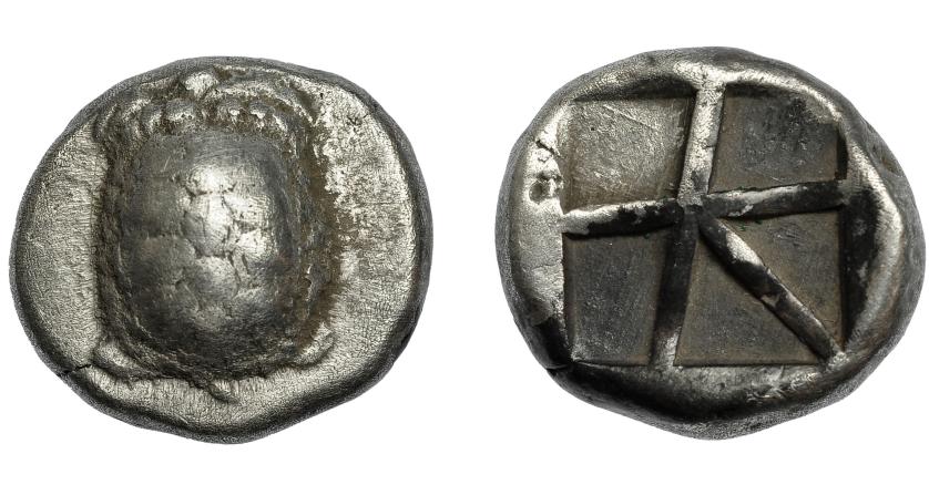 179   -  GRECIA ANTIGUA. EGINA. Estátera (480-457 a.C.). A/ Tortuga marina. R/ Cuadrado incuso. AR 12,05 g. 19,8 mm. COP-507. SBG-1858. MBC-/MBC.