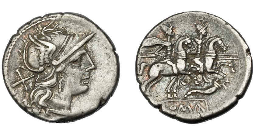 199   -  REPÚBLICA ROMANA. ANÓNIMO. Denario. Roma (208-206 a.C.).  R/ Símbolo cornucopia, y ROMA en cartela. AR 3,8g. 18,5 mm. CRAW-58.2. FFC-27. MBC.