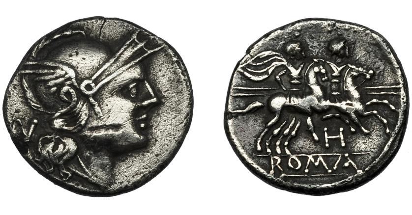 200   -  REPÚBLICA ROMANA. Anónimo. Roma (211-210 a.C.). A/ Letra V. R/ Dióscuros a der.; debajo H. AR 2,03 g. 15 mm. CRAW-85.1a. Raya en anv. MBC+.