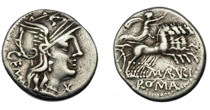 201   -  REPÚBLICA ROMANA. ABURIA. Denario. Roma (132 a.C.). R/ M ABVRI, exergo ROMA. AR 3,19 g. 18,5 mm. CRAW-250.1. FFC-88. MBC-.