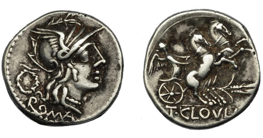 209   -  REPÚBLICA ROMANA. CLOULIA. Denario. Roma (128 a. C.). A/ Marca corona. R/ Victoria en biga a der., debajo espiga; exergo T CLOVLI. AR 3,92 g. 19,5 mm. CRAW-260.1. FFC-572. MBC.