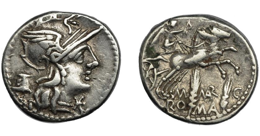 219   -  REPÚBLICA ROMANA. MARCIA. Denario. Roma (134 a.C.). A/ Marca modio. R/ M. MAR. C., exergo ROMA. AR 3,90, 19,90 mm. CRAW-494.31. FFC-850. Leve oxidación. MBC. Muy escasa.