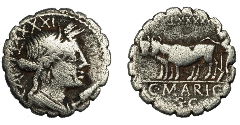 221   -  REPÚBLICA ROMANA. MARIA. Denario. Roma (81 a.C.). R/ Yunta fundacional a izq., encima número, debajo C MARI C F/S C. AR 3,41 g. 18,5 mm. CRAW-378.1. FFC-901. Múltiples rayitas. BC+.