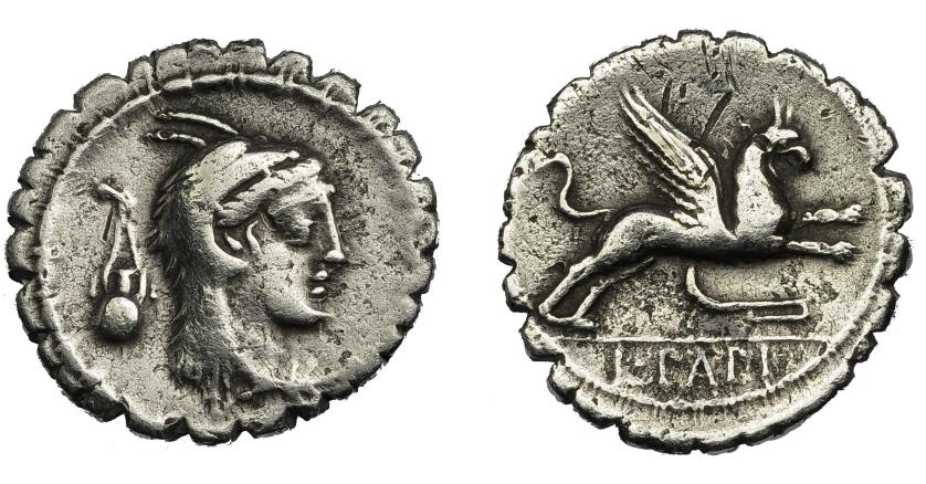 225   -  REPÚBLICA ROMANA. Denario. Roma (79 a.C.). R/ Grifo a der., debajo símbolo, en exergo L PAPI. AR 3,72 g. 19,1 mm. CRAW-384.1. FFC-952. Rayitas y leves erosiones. MBC-.