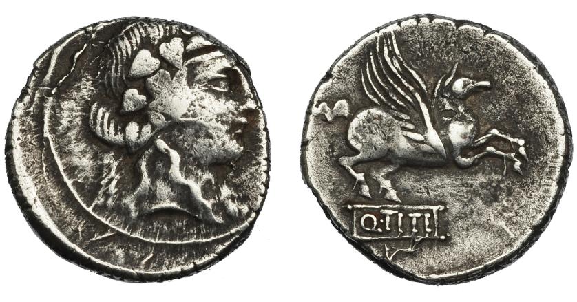 230   -  REPÚBLICA ROMANA. TITIA. Denario. Roma. Italia central (90 a.C.). A/ Cabeza de Baco a der. R/ Pegaso a der.; Q TITI en cartela. AR 3,58 g. 17,9 mm. CRAW-341.2. FFC.1143. BC+/MBC-.