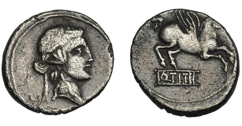 231   -  REPÚBLICA ROMANA. TITIA. Denario. Roma. Italia central (90 a.C.). A/ Cabeza de Baco a der. R/ Pegaso a der.; Q TITI en cartela. AR 3,85 g. 18 mm. CRAW-341.2. FFC-1143. MBC-.