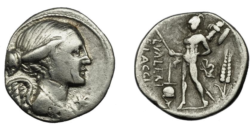 232   -  REPÚBLICA ROMANA. VALERIA. Denario. Sur de Italia (108-107 a.C.). R/ L. VALERI FLACCI. AR 3,73 g. 20 mm. CRAW-306.1. FFC-1165. Contramarcas. BC+.