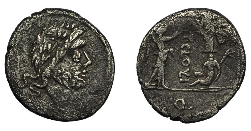 233   -  REPÚBLICA ROMANA. VETTIA. Quinario. Roma (100-97 a.C.). R/ Victoria coronando trofeo, exergo Q. AR 1,74 g. 16,5 mm. CRAW-331.1. Leves erosiones. MBC-.