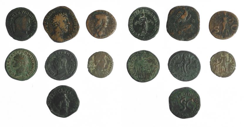 265   -  IMPERIO ROMANO. Lote de 7 monedas: sestercio (1), ases (3) y follis (3). De RC a MBC.