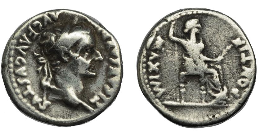 289   -  IMPERIO ROMANO. TIBERIO. Denario. Lugdunum (14-37 d.C.). R/ Livia entronizada a der., patas decoradas y sobre línea; PONTIF MAXIM. AR 3,98 g. 18 mm. RIC-30. Contramarca en rev. Abrillantada. BC+.