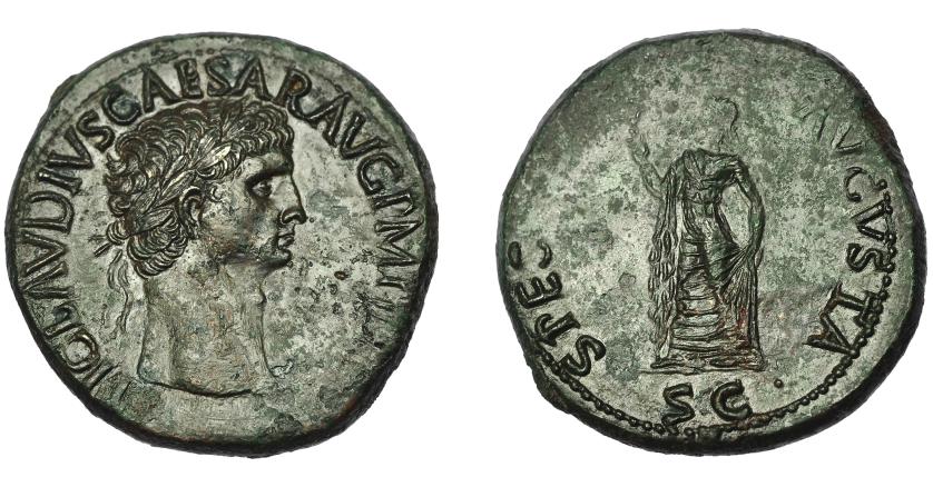 291   -  IMPERIO ROMANO. CLAUDIO I. Sestercio. Roma (42 d.C.). R/ Spes a izq. con flor y sujetándose el vestido; SPES AVGVSTA, SC. AE 28,80 g. 35,2 mm. RIC-115. Vanos de acuñación. Pátina verde. EBC.