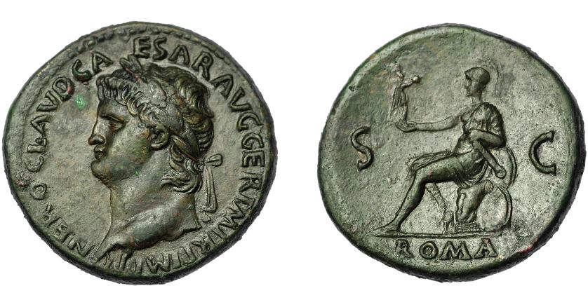 292   -  IMPERIO ROMANO. NERÓN. Sestercio. Lugdunum (62-68 d.C.). A/ Cabeza laureada a izq.; IMP NERO CAESAR AVG GER P M R P IMP P P. R/ Roma sentada a izq. con Victoria, parazonium y descansando en escudos; ROMA, S-C. AE 29,17 g. 36,4 mm. RIC-443. Punto de óxido. Pátina verde oliva. Bonito retrato. EBC-/MBC+.