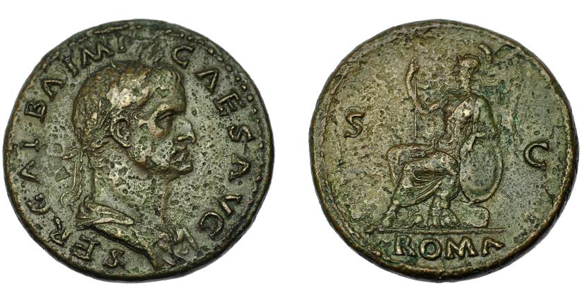 296   -  IMPERIO ROMANO. GALBA. Sestercio. Roma (68-69 d.C.). R/ Roma sentada a izq. con lanza y escudo; exergo ROMA, S-C. AE 25,67 g. 35,3 mm. RIC-241. MBC-.