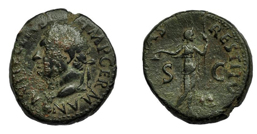 297   -  IMPERIO ROMANO. VITELIO. As. Tarraco (69 d.C.). A/ Cabeza a izq. R/ Libertas a der. con vara y pileus. RIC-44. Concreciones. BC+.