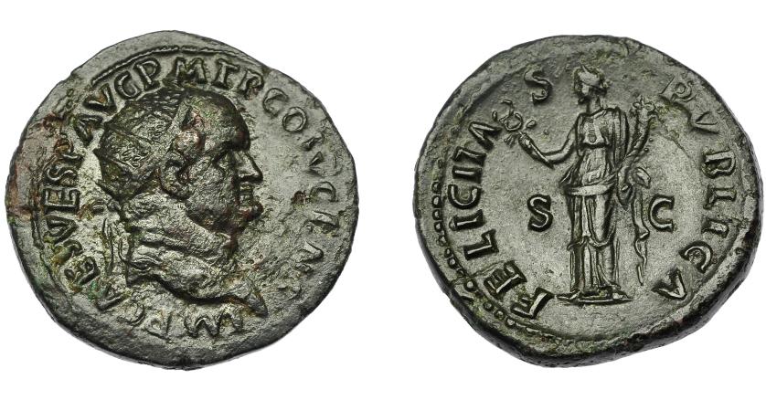 299   -  IMPERIO ROMANO. VESPASIANO. Dupondio. Roma (73 d.C.). R/ Felicitas con cornucopia a izq.; FELICITAS PVBLICA. AE 12,10 g. 28 mm. RIC-581. Erosiones. MBC-/MBC+.