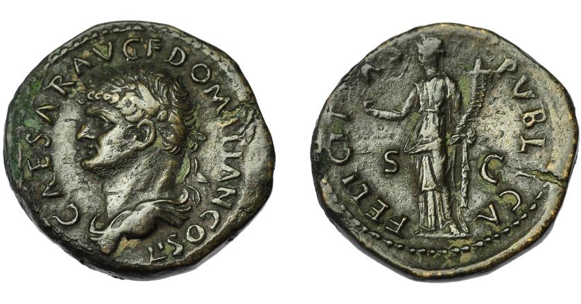 301   -  IMPERIO ROMANO. DOMICIANO. As. Roma /73-74 d.C.). R/ Felicitas a izq. con caduceo y cornucopia; FELICITAS PVBLICA, S-C. AE 13,64 g. 27,3 mm. RIC-388. MBC+/MBC.