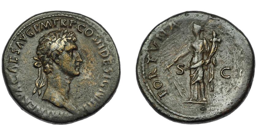 302   -  IMPERIO ROMANO. NERVA. Sestercio. Roma (96 d.C.). R/ Fortuna a izq. con timón y cornucopia; FORTVNA (AVGVST), S-C. AE 27,08 g. 34,6 mm. RIC-73. Limpieza mecánica en rev. MBC/MBC-.