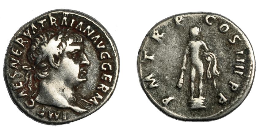 303   -  IMPERIO ROMANO. TRAJANO. Denario. Roma (101-102). R/ Hércules con clava y leonté sobre basa; P M TR P COS III P P. AR 3,34 g. 18,1 mm. RIC-50. MBC-/BC+.