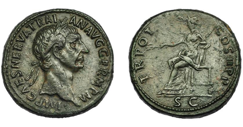 304   -  IMPERIO ROMANO. TRAJANO. Roma. R/ Pax sentada a izq. con rama de olivo y cetro; TR POT COS II P P, exergo SC. AE 26,20 g. 33 mm. RIC-383. Rayitas. Pátina oscura. MBC/MBC-.