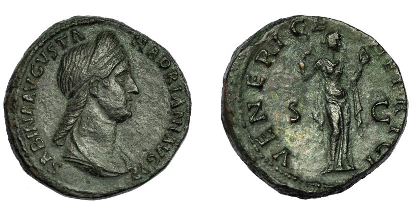 305   -  IMPERIO ROMANO. SABINA. Sestercio. Roma (136-138). R/ Venus a der. con manzana y sujetándose el vestido; VENERI GENETRICI, S-C. AE 27,01 g. 31,4 mm. RIC-2596. Pátina oscura. MBC.