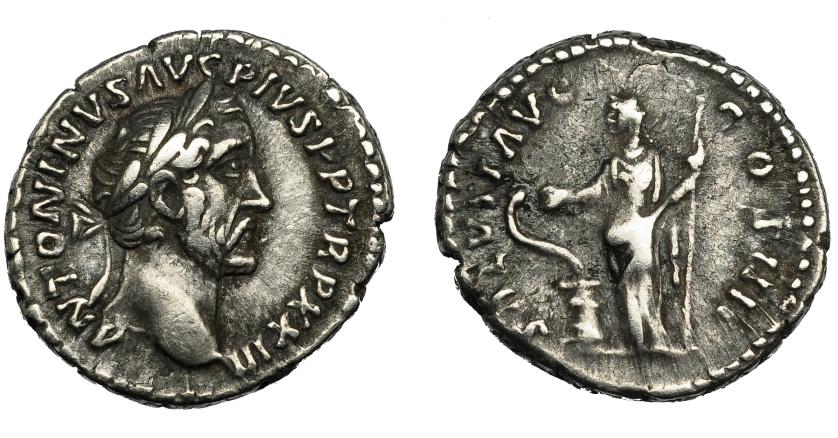 308   -  IMPERIO ROMANO. ANTONINO PÍO. Denario. Roma (159-160). R/ Salus con cetro y serpiente sobre altar; SALVTI AVG COS IIII. AR 3,21 g. 17,8 mm. RIC-305. MBC-.