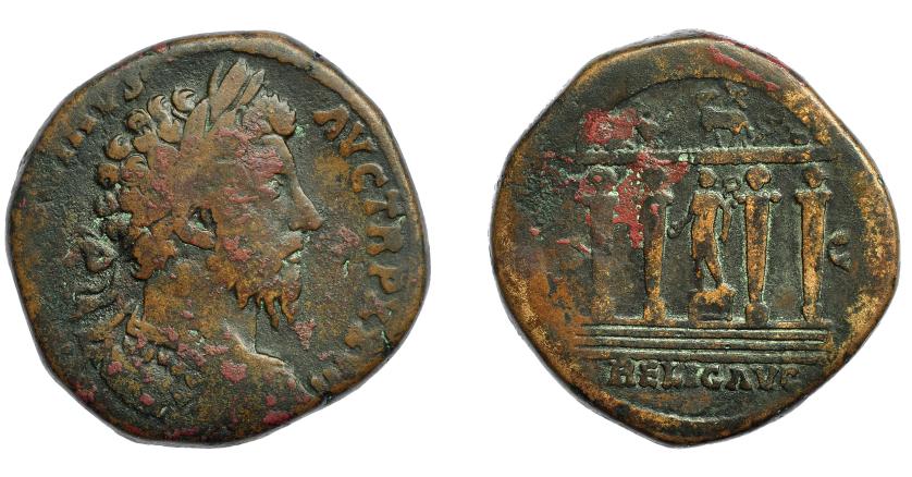 311   -  IMPERIO ROMANO. MARCO AURELIO. Sestercio. Roma (172-173). R/ Busto laureado, drapeado y con coraza a der. R/ Mercurio sobre pedestal a izq., detrás templo tetrástilo; en exergo RELIG AVG, en campo S-C. AE 29,12 g. 30,9 mm. RIC-1074. BC. Rara.