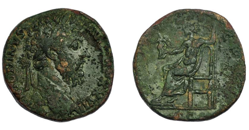 312   -  IMPERIO ROMANO. MARCO AURELIO. Sestercio. Roma (173-174). R/ Júpiter entronizado a izq. con Victoria y cetro. AE 20,77 g. 30 mm. RIC-1098. Pátina verde con erosiones. BC+.