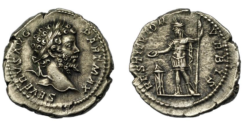 314   -  IMPERIO ROMANO. SEPTIMIO SEVERO. Denario. Roma (200-201). R/ El emperador a izq. con pátera sobre altar; RESTITVTOR VRBIS. Ar 3,47 g. 19,1 mm. RIC-167a. EBC-.