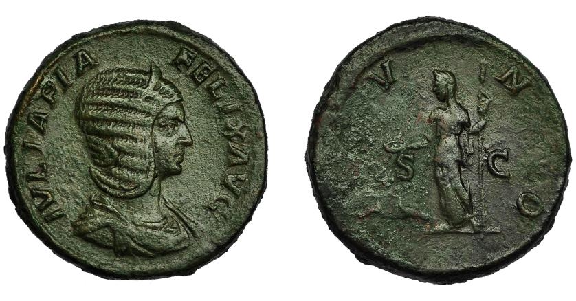 315   -  IMPERIO ROMANO. JULIA DOMNA (bajo Caracalla). Sestercio. Roma (211-217). A/ IVLIA PIA FELIX AVG. R/ Juno a izq. con pátera y cetro, a sus pies pavo real; IVNO, S-C. AR 26,32 g. 32,7 mm. RIC-584. Pátina verde. MBC/BC+.