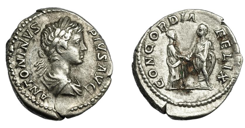 316   -  IMPERIO ROMANO. CARACALLA. Denario. Roma (205-206). R/ El emperador y Plautila estrechándose las manos; CONCORDIA FELIX. AE 3,21 g. 18,8 mm. RIC-124A. Cospel abierto. Punto de óxido. MBC.