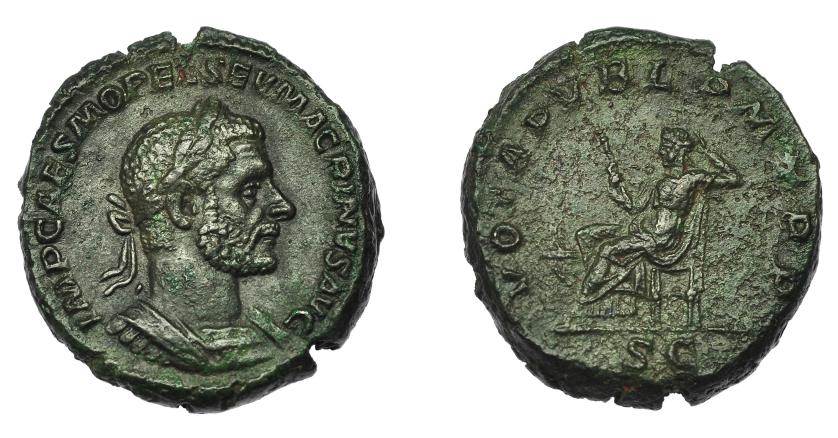 317   -  IMPERIO ROMANO. MACRINO. As. Roma (217). R/ Securitas sentada a izq. con cetro y delante altar encendido; VOTA PVBL P M TR P, exergo SC. AE13,27 g. 25,8 mm. RIC-133. Pátina verde con ligeras erosiones en rev. MBC+.