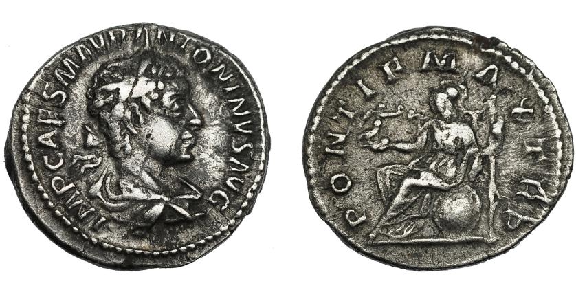 318   -  IMPERIO ROMANO. HELIOGÁBALO. Denario. Roma (218 d.C.). R/ Roma con cetro y Victoria sentada junto a escudo a izq.; PONTIF MAX TRP. AR 3,09g. 18,4 mm. RIC-8b. MBC/MBC-.