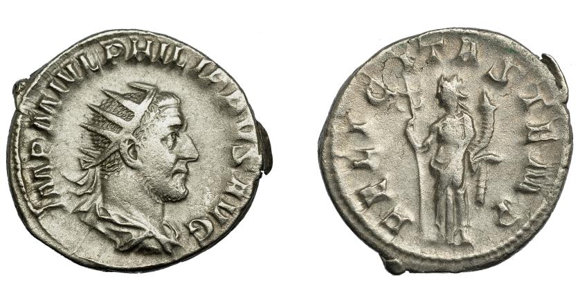 319   -  IMPERIO ROMANO. FILIPO I. Antoniniano. Roma (244-247). R/ Felicitas con cornucopia y caduceo; FELICITAS TEMP. VE 3,70 g. 22,6 mm. RIC-31. P.O. MBC-.
