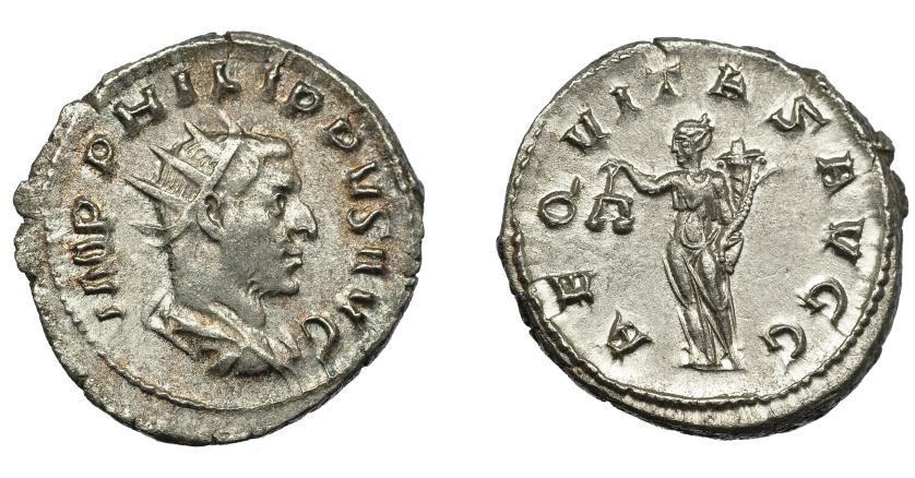 320   -  IMPERIO ROMANO. FILIPO I. Antoniniano. Roma (247-249). R/ Aequitas con balanza y cornucopia a izq.; AEQVITAS AVGG. VE 4,31 g. 22,6 mm. RIC-57. P.O. MBC+/EBC-.