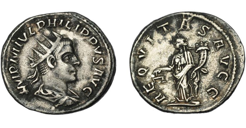 321   -  IMPERIO ROMANO. FILIPO II. Antoniniano. Antioquía (249). R/ Aequitas con cornucopia a izq.; AEQVITAS AVGG. VE 3,90 g. 22,5 mm. RIC-240. P.O. MBC.