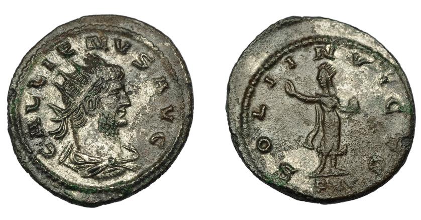 326   -  IMPERIO ROMANO. GALIENO. Antoniniano. Asia (267). R/ Sol con globo a der.; SOLI INVICTO, exergo PXV. VE 3,42 g. 22,2 mm. RIC-611. R.P.O. EBC-/MBC.