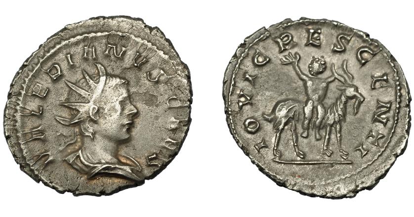 328   -  IMPERIO ROMANO. VALERIANO II. Antoniniano. Colonia (257-258). R/ Júpiter niño sobre la cabra Amaltea; IOVI CRESCENTI. VE 3,92 g. 22,5 mm. RIC-3. Hojitas. P.O. MBC/EBC-.