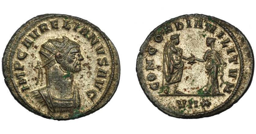 332   -  IMPERIO ROMANO. AURELIANO. Antoniniano. Roma (270-275). R/ Aureliano dando la mano a Concordia; CONCORDIA MILITVM, exergo VII*. VE 3,53 g. 22,8 mm. RIC-59. R.P.O. EBC-.