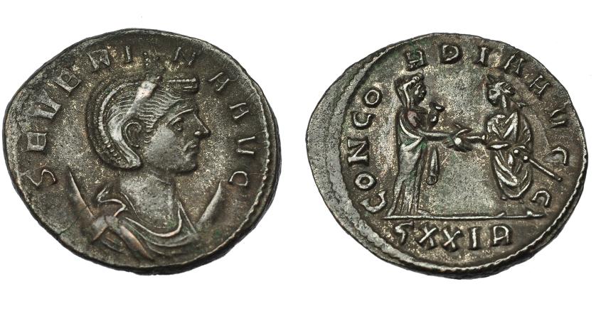 336   -  IMPERIO ROMANO. SEVERINA. Antoniniano. Roma (270-275). R/ Aureliano y Severina dándose la mano; CONCORDIA AVGG, exergo ÇXXIR. VE 4,08 g. 22,5 mm. RIC-3. MBC+.