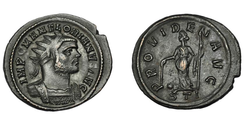 337   -  IMPERIO ROMANO. FLORIANO. Antoniniano. Ticinum (276). R/ Providentia a izq. con bastón, cetro y globo a sus pies; PROVIDEN AVG, exergo STI. VE 2,89 g, 23,6 mm. RIC-87 vte. anv. MBC.