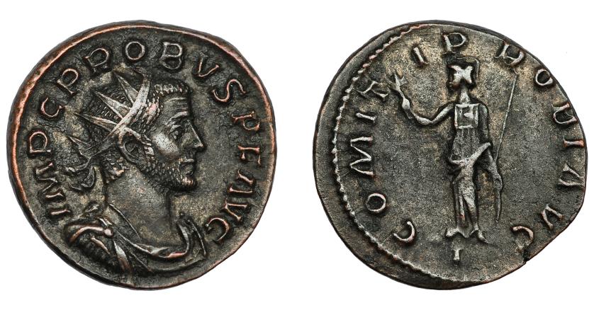 338   -  IMPERIO ROMANO. PROBO. Antoniniano. Lugdunum, (276-282). R/ Minerva con lanza, escudo y rama de olivo; COMITI PROBI AVG, exergo I. VE 4,01 g. 21,1 mm. RIC-69. MBC.